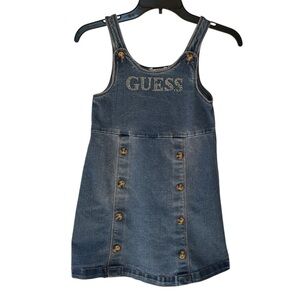 Guess Girls Blue Denim Overalls Embellished Dress w/ Logo Bling Size S (7-8)